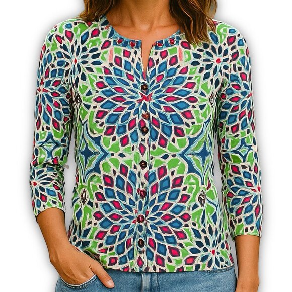Talbots Cardigan Sweater Medallion Print Blue Green Cotton Rayon 3/4 PS - Picture 1 of 10
